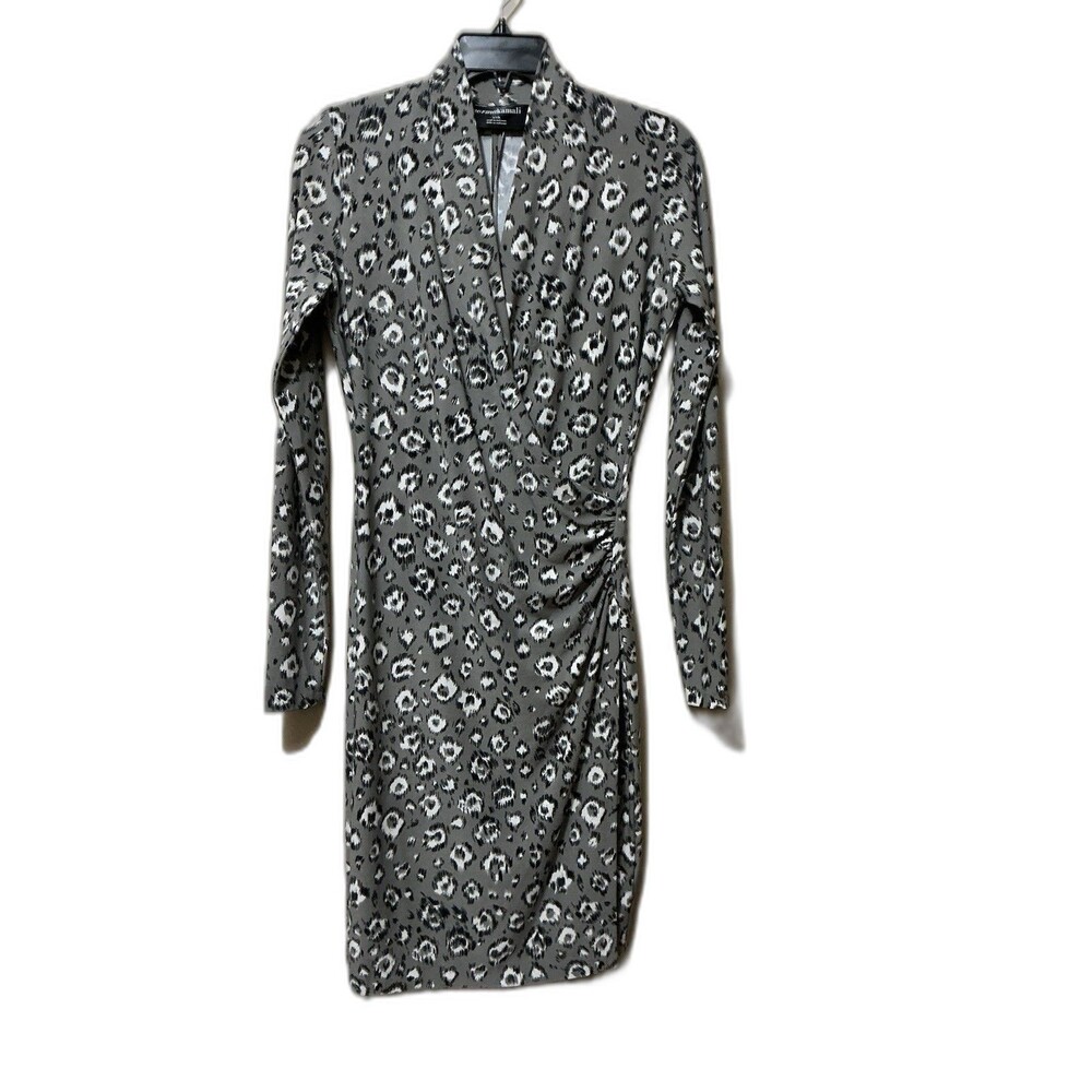 Norma Kamali Long-sleeve Faux Wrap Bodycon Dress V-Neck Animal Print Ruched Grey